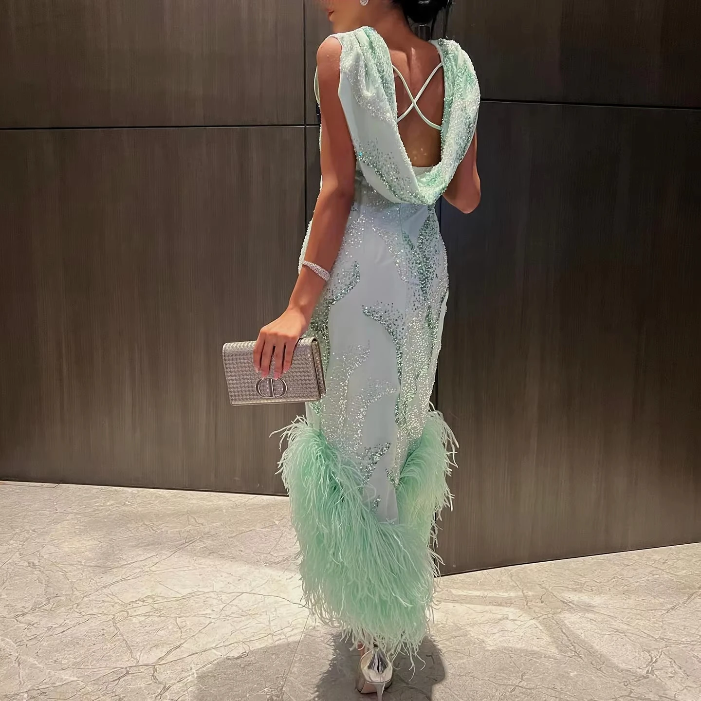 Luxury Feather Sage Green Arabic Evening Dresses Cross Back Midi Formal  Wedding Party Gowns SZ436