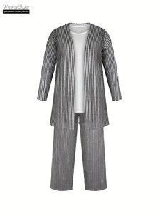 Plus Size Women's Casual Elegant One Set Three-Piece Suit Long Printed Woven Vest Striped Top Pants Autumn Eco-friendly