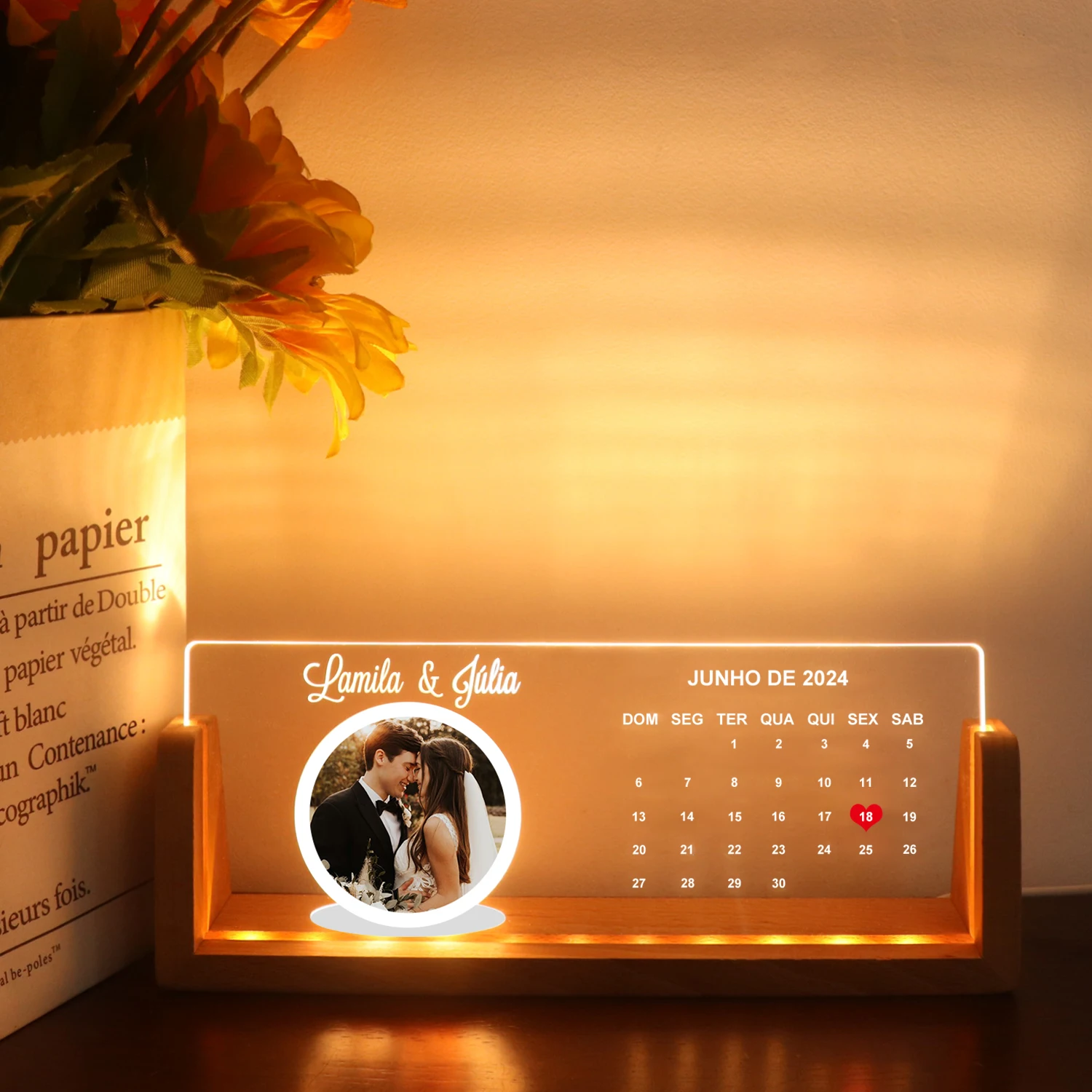Personalized Customization Photo 3D Outside Carving Acrylic Acrylic Light Creative LED Wooden Base Night Light