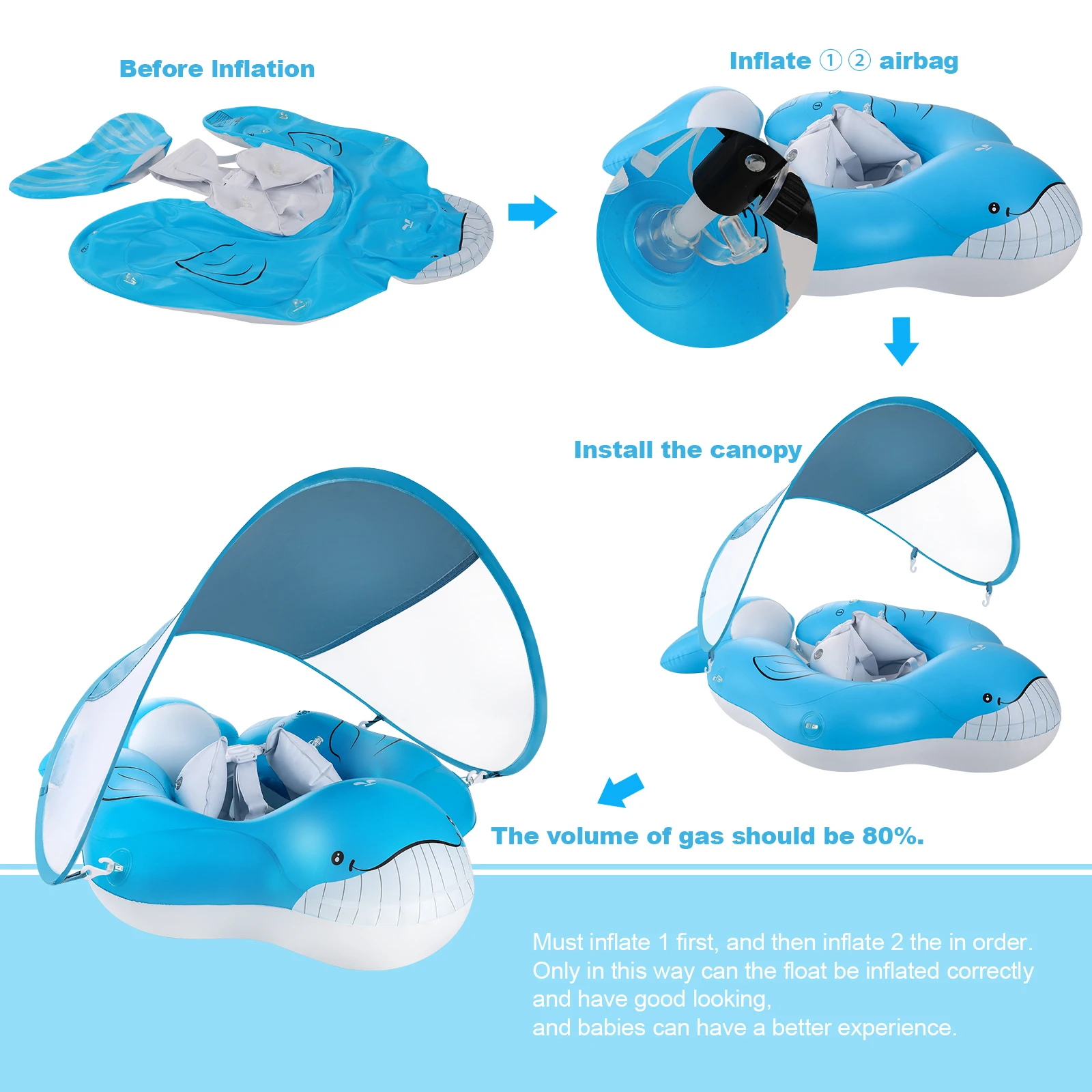 Cartoon Whales Animal Shape Baby Float For Pool With Sunshade Canopy