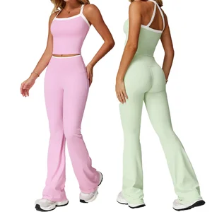 Women's Breathable Solid Pattern Yoga Set Color-Block Cross Back Elastic Waist Sports Fitness Running Bare Sensation