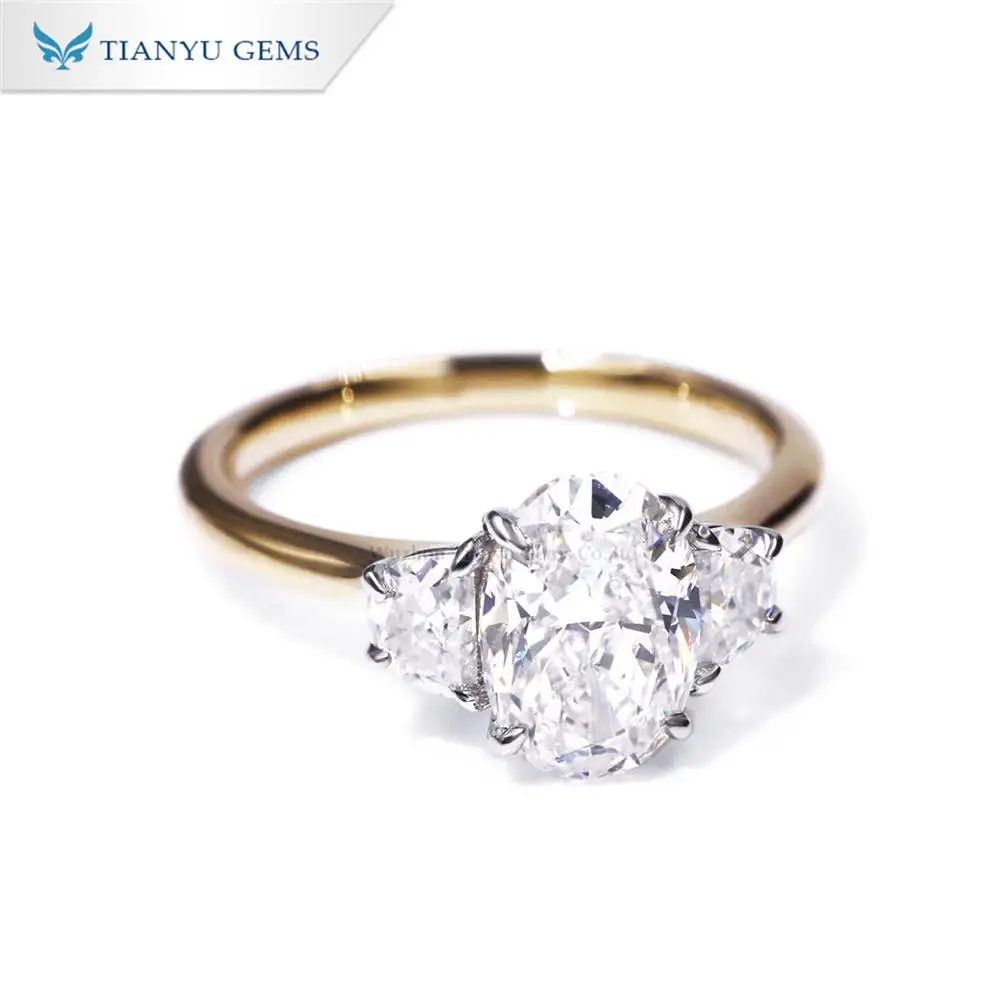 Tianyu Gems Oval Lab Diamond Yellow Gold Material Three Stone Wedding Ring for Women