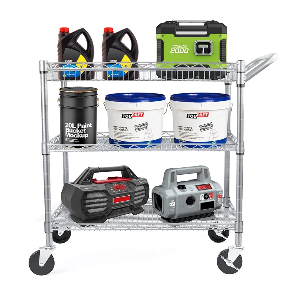 3 Tier Rolling Utility Cart, Kitchen Metal Utility Carts with Handle Bar Commercial Grade Wire Shelving Storage Cart