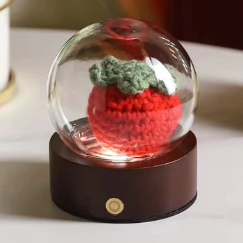 Hand-Woven Light Pink Rose Flower Night Light Creative Crochet Strawberry Shape Yarn Lamp for Bedroom Bedside Plant Nightstand