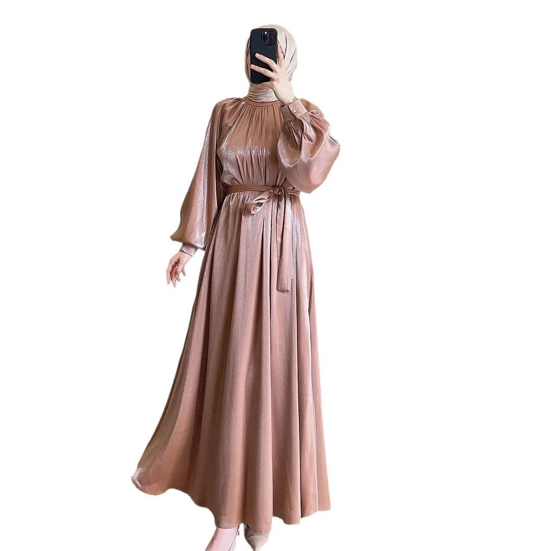 Spring and Autumn New European and American Round Neck Pleated High Waist Tied Slim Fit Long Sleeved Muslim Dress