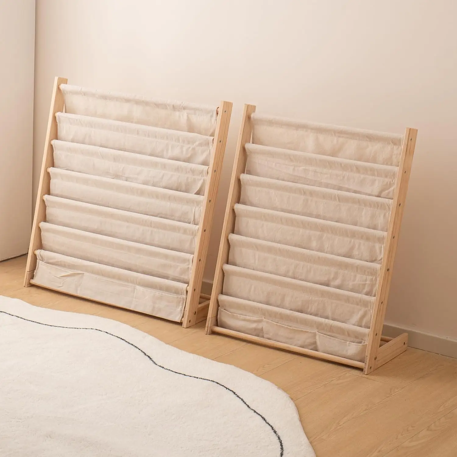 202407 Wood Book Rack Canvas Book Storage Shelf Display Bookshelf 6 Tier Kids Book Rack for Bedroom
