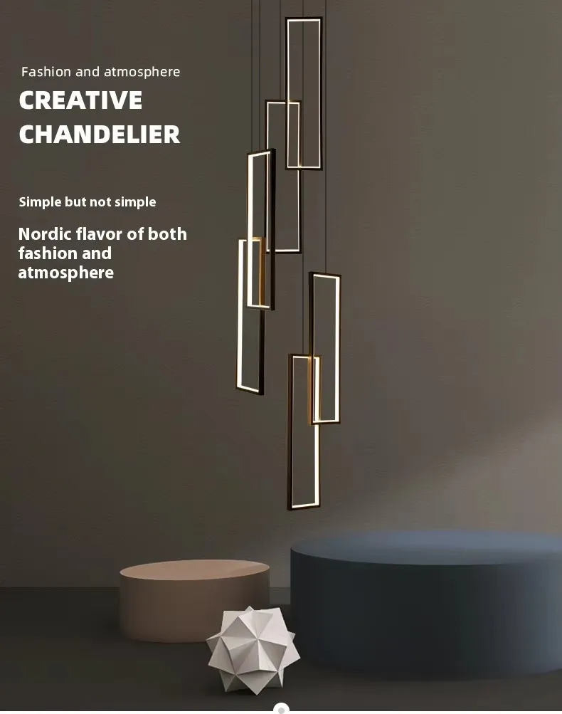 Black Gold Modern Led Pendant Light Hotel High Ceiling Geometric Hanging Lamp Staircase Large Long Customized Acrylic Chandelier