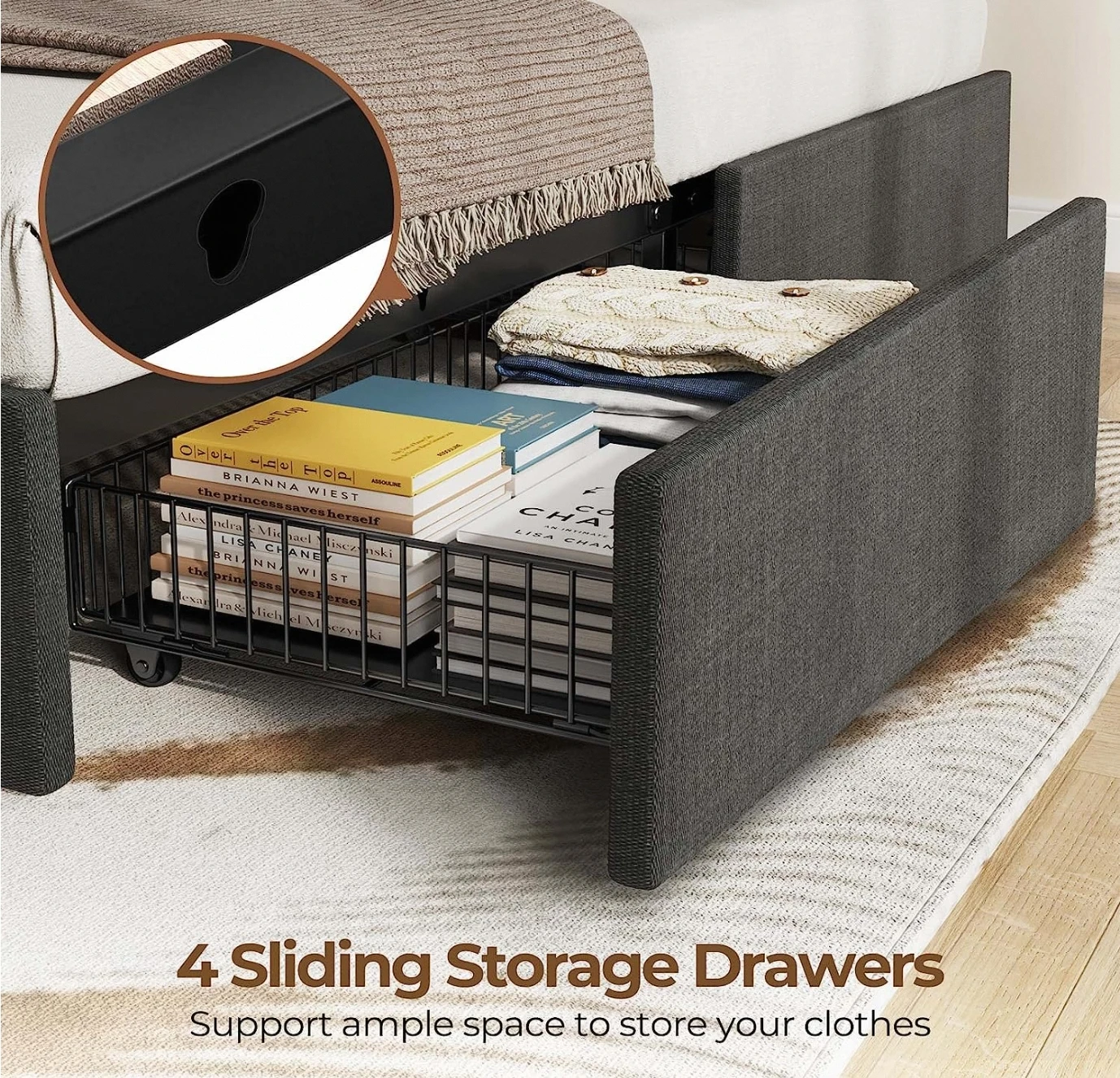 Full Size Bed Frame with Charging Station and LED Lights, Upholstered Bed with Adjustable Headboard and 4 Storage Drawers Metal