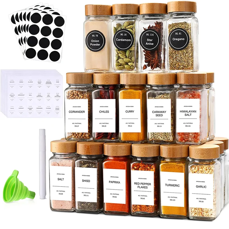 in Stock Glass Spice Jar 120ml Kitchen Household Storage Jar with Bamboo Lid  4oz Square Shaker Bottle with Wooden Lid - China 24PCS Spice Jars with  Labels Set and Glass Spice Jars