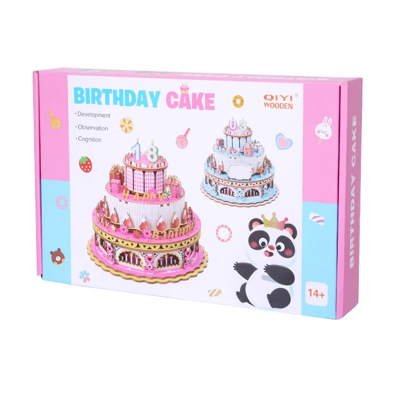 Interaktives 3D-Puzzle für Kinder, Puzzlespiel mit Bausteinen, pädagogisches DIY-Geburtstagskuchen-Musikdöschen, Holz-Musikdöschen mit Handkurbel, Geschenke