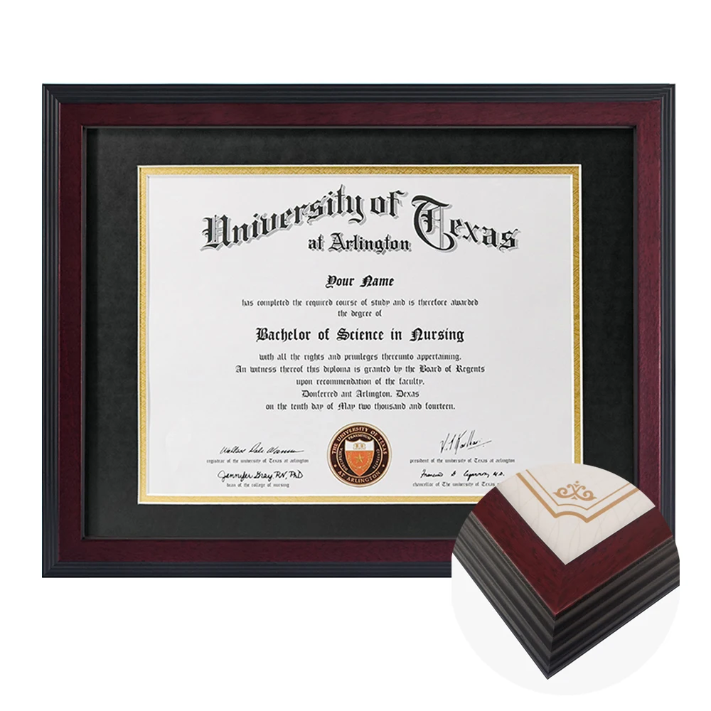 Close-up of graduation certificate frame corner joinery and finish