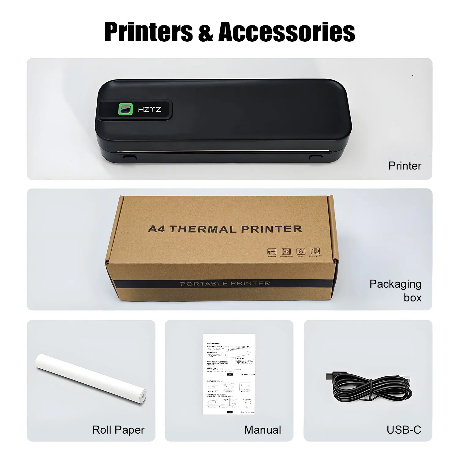 HZTZ Mini Smart Portable A4 Wireless Thermal Printer No Ink 