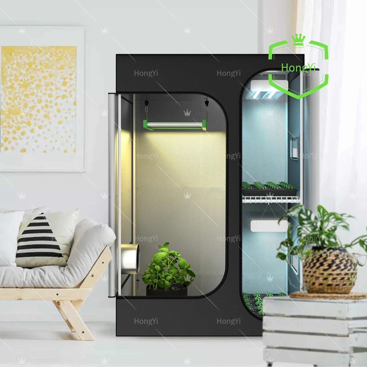 HongYi Supply Customized Easily Install Fabric 2-in-1 Planting Grow Tent Box for Plants Greenhouse System
