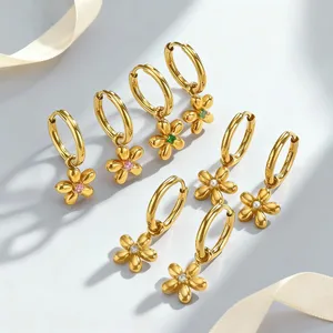 Fashion Flower Earrings Gold Pink Green Zircon Stainless Steel Polished Surface Stud Earrings for Women Bulk Order