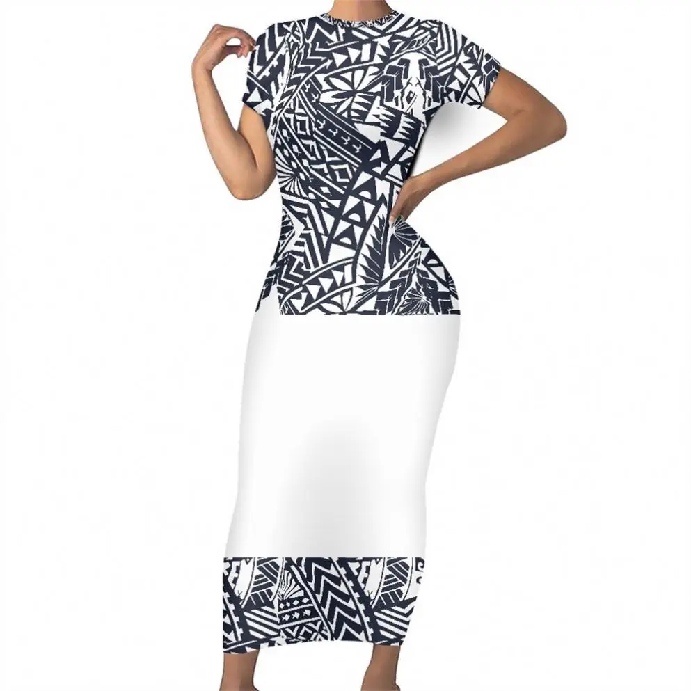 Polynesian Tribal Print Bodycon Dress - Samoan Puletasi Style, Knee Length With Pockets