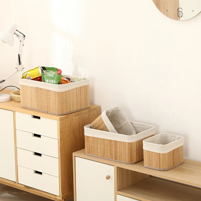 Set of 4 Bamboo Storage Baskets Single Tier Standing Type Clothing Organizer for Bedding Cleaning Jewelry Bags in Bathroom