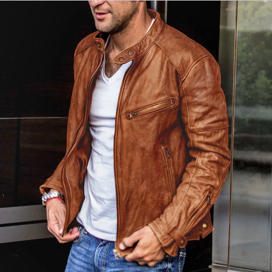 Men's Leather Jacket High-grade Stand Collar Motorcycle Style_voghion.com