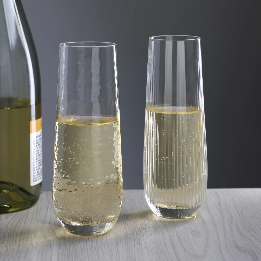 Custom Logo Unique Wedding bar Modern Ribbed Hammered Lead Free Crystal Stemless Prosecco Glassware Champagne Flutes Glasses