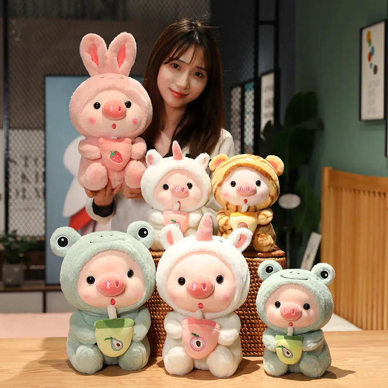 Newest Arrival Boba Series Plush Pig Toy Wearing Animal Pajamas with Bubble Tea