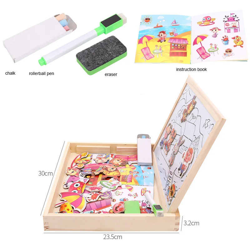 Деревянный пазл с животными для детей, пазл с двусторонней магнитной доской для рисования