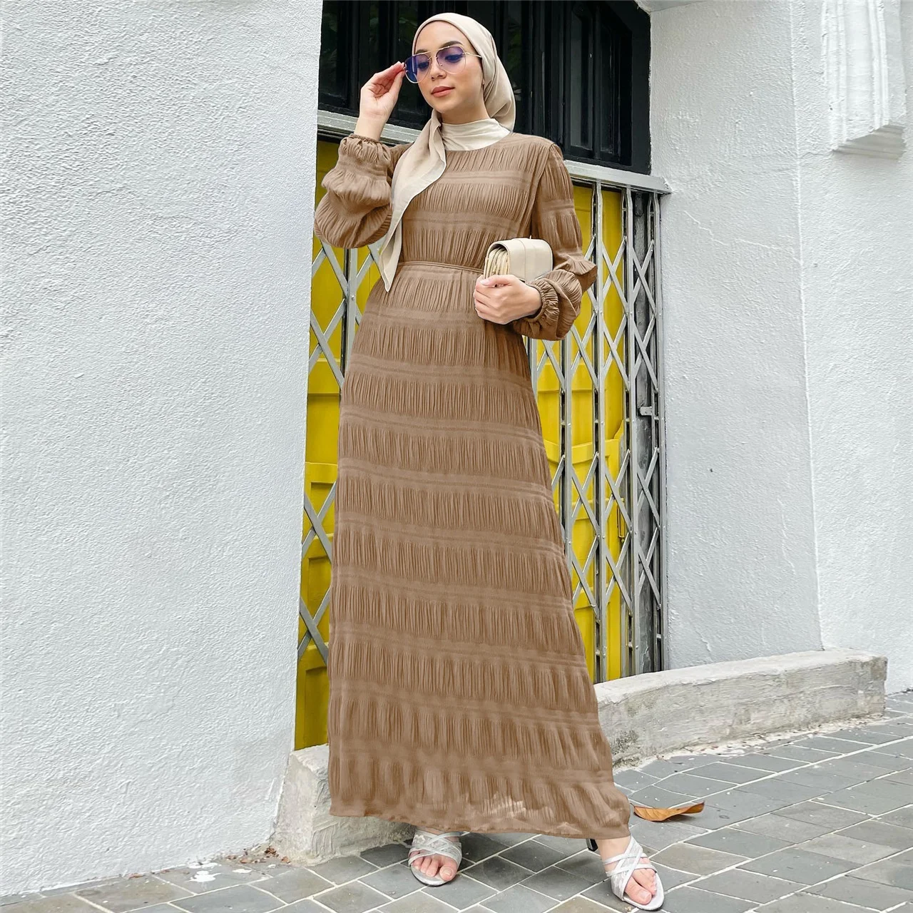open lace back dress Plain Muslim Black and Green Pleated Abaya Dress  Abayaya