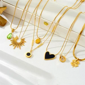 Trendy Women's Stainless Steel Heart Pendant Necklace Diamond-Incrustrated Geometric Charm Gold 'E' Initial Fashion Letter