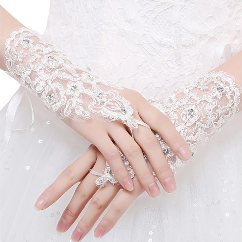 White Red Ivory Wedding Gloves Lace Applique Short Rhinestone Bridal Elegant 