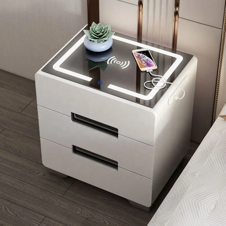 Smart Bedroom Furniture Metal Side Table Modern Fingerprint Lock Led