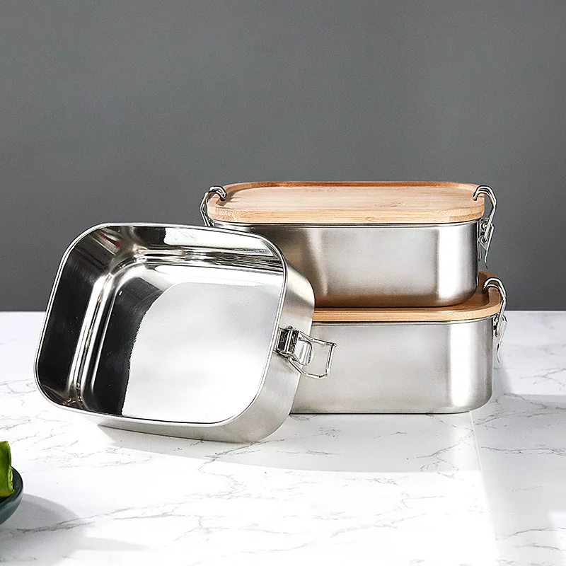 Small Metal Lunch Containers With Bamboo Lid Japanese Stainless Steel