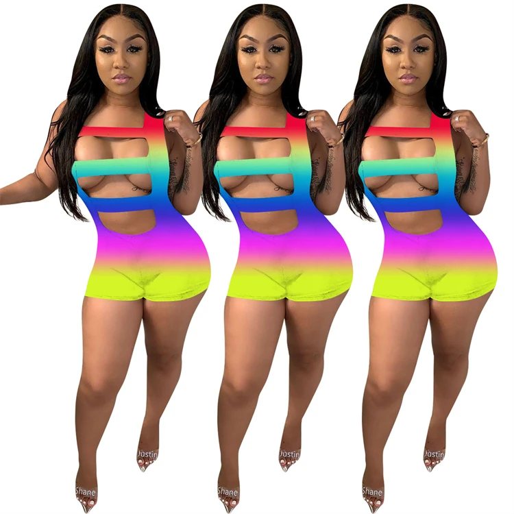 MOEN Newest Design Gradient Color Hollow Out Side Open Sexy Summer Bandage Bodycon Women Short Jumpsuit And Romper