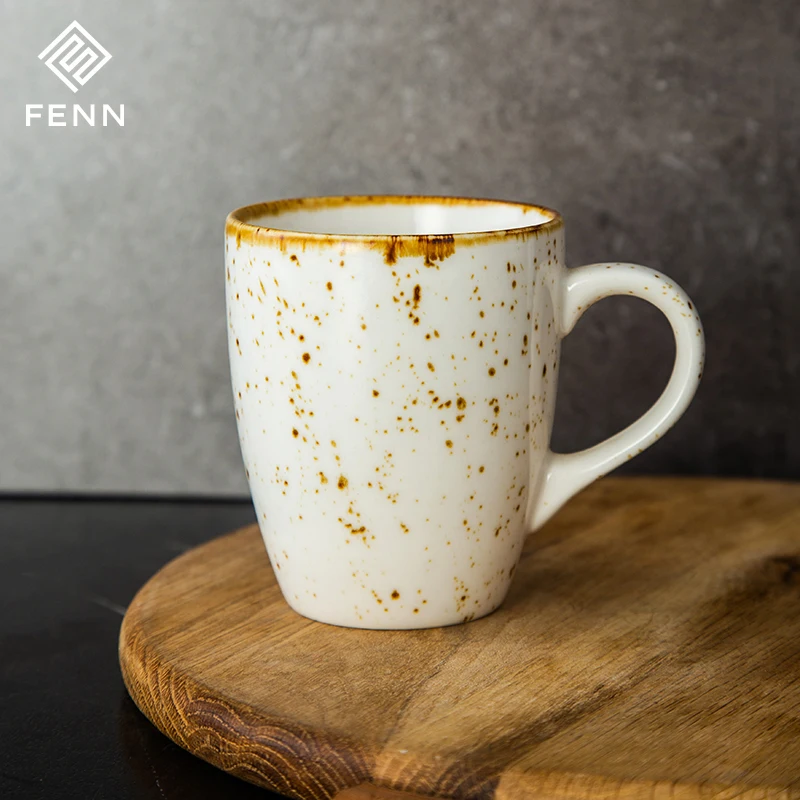 product fenn factory manufacture oem odm custom 400ml rustic spray glaze porcelain mug cups white vintage style speckled coffee mug-58