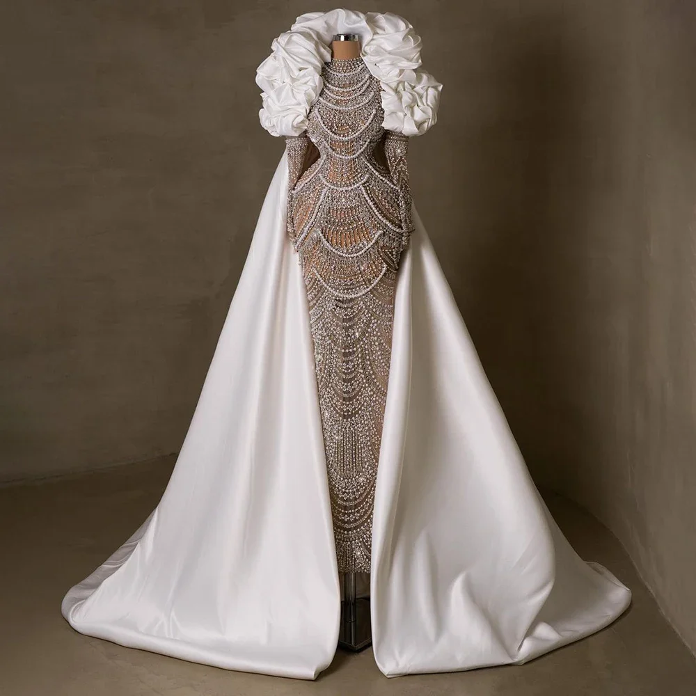 Arabic Nude Stone Wedding Gown – Tiered Sleeves Beige