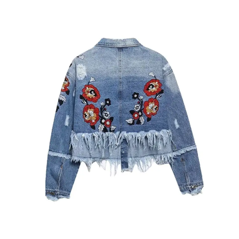 Blau Cropped Zara Jeansjacke Kurz Embroidered Long Sleeve Clothing