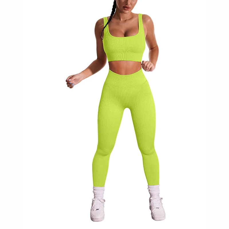 Custom Seamless Sports Bra Yoga Leggings 2 Piece Set Knitted Rib
