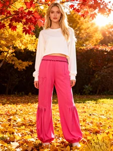 Hot Selling Women's Knitted Soft Stretch Bulky Baggy Joggers Trousers Fashion Ruffled Waist Pleated Cargo Lantern Athletic Pants