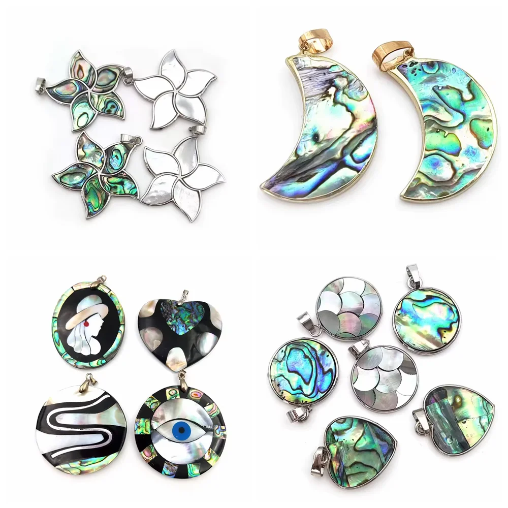 Boho Jewelry Flip Flops Black Shell Pendant Abalone Seashell White Gems Charms Silver Plated Slipper for Unisex Necklace Making