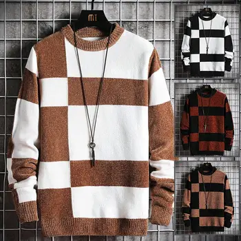 Autumn Winter Men's Chenille Patches Sweater Youth Casual Knitwear Add Thick Warm Sweater Round Neck Pullover Sweaters Polyester