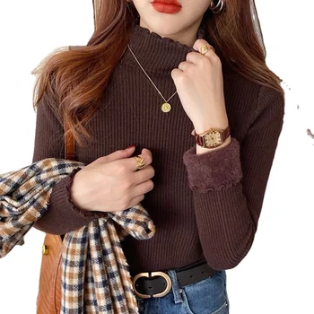 Women's Elegant Silk Pullover Soft Sticky Wind Sweater Fleece Padding Half High Neck Thickened Knitted Bottoming Shirt Fall