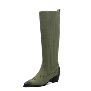 Olive Green Western Knee-High Boots with Embroidered Suede Pointed Toe/Square Toe Autumn/Spring Comfort Modern Cowboy Style