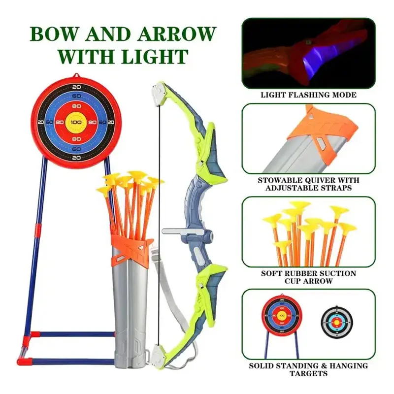 Kit Tir à L'arc LED Pour Enfants 4-12 Ans - Arc, Flèches Ventouse, Cible Lumineuse, Jeu Intérieur/extérieur