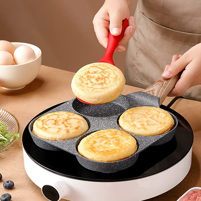 Panela de omelete com 4 furos, panelas grossas antiaderentes para panqueca, ovo, bife, pão, hambúrguer, fogão de indução para café da manhã