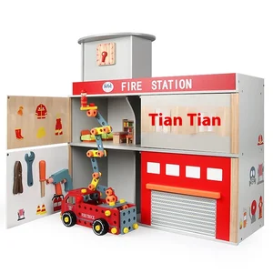 Large Interactive Wooden Fire Station Playhouse Educational Toy for Children and Babies Role Scene Play Gift