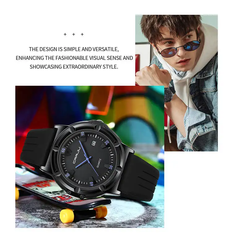 Crrju Watch 5030 Elegant Custom Logo Man Quartz Watch Stylish Silicone Band  Waterproof Date Display Character Casual Watch Set