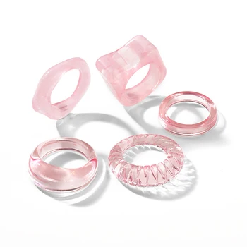 5 piece set fashion simple geometric thick ring cute transparent pink resin girl ring set