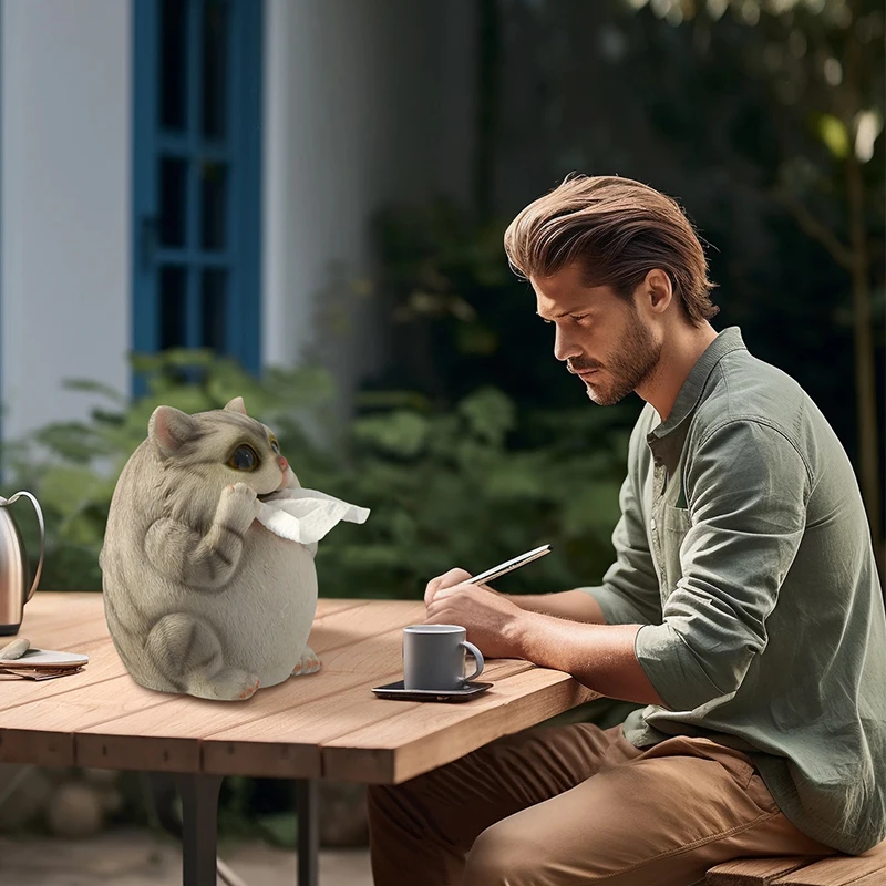 Cute Cat Tissue Box Cover Desk Statue Resin Decor Dispenser Box Case with Figurine Grey Tissue Holder Design Style