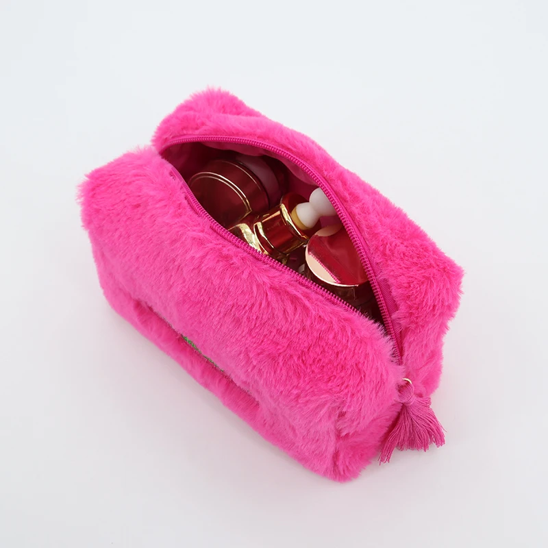 product fashion large capacity cute quilted makeup bag soft faux fur travel cosmetic organizer with zipper closure letter pattern-6