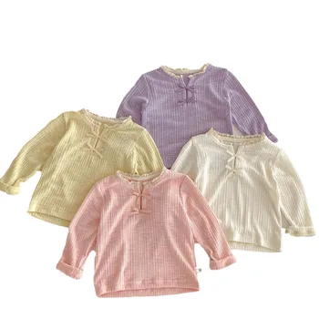 Girls' bottoming shirt 2025 New spring baby fashionable bow long sleeve Baby shirt solid color spring clothes