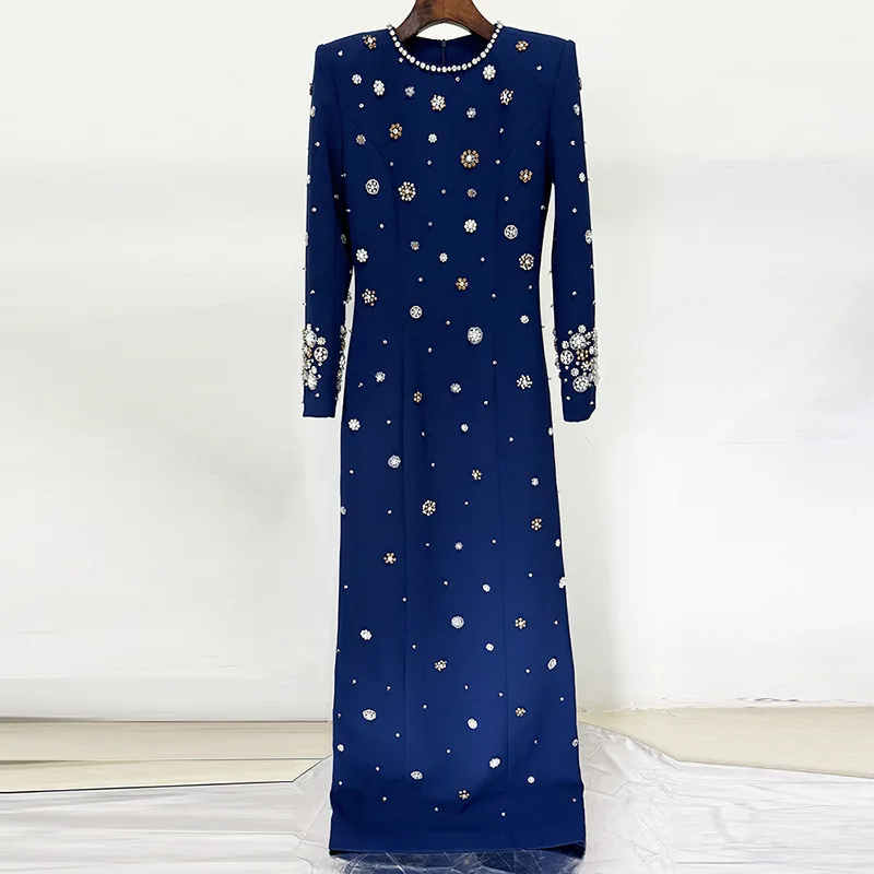 Fashion European Style Fine Workmanship Rhinestone Beading Long Sleeve O-neck Women Formal Wear Lady Maxi Solid Dress
