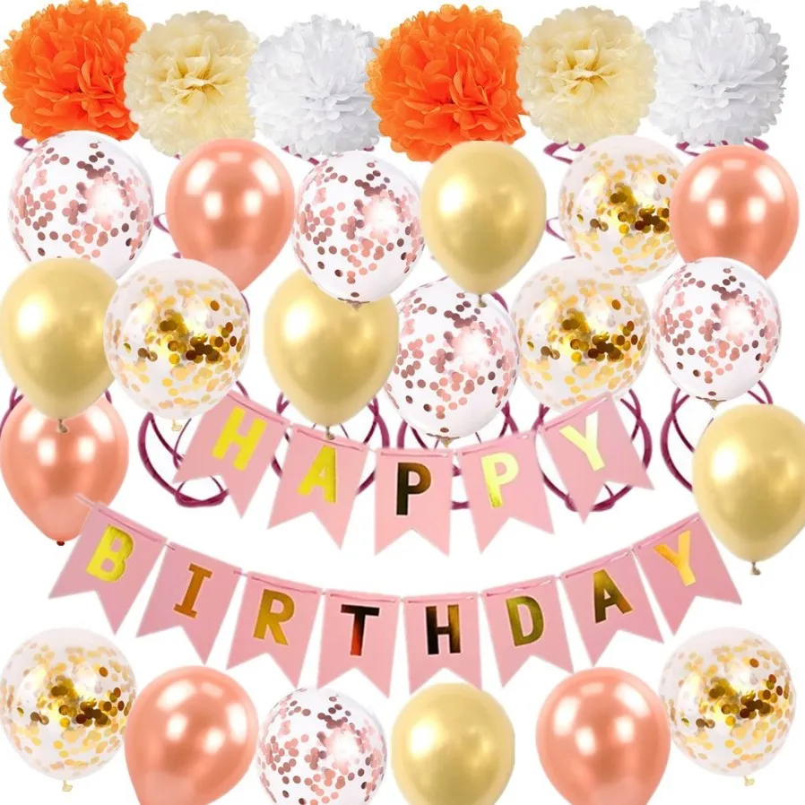 Rose Gold Confetti Balloons Happy Birthday Party Foil Balloon Kit ...