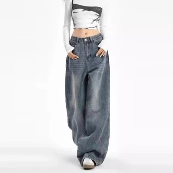 Factory New Fashion Women Denim Pants OEM Custom High Quality Dark Wash Vintage Baggy Jeans